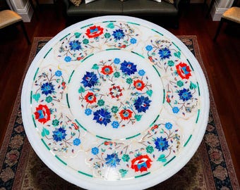 White Marble Inlay Coffee Table: Pietra Dura Floral Art Handmade Furniture Console Bar Decors