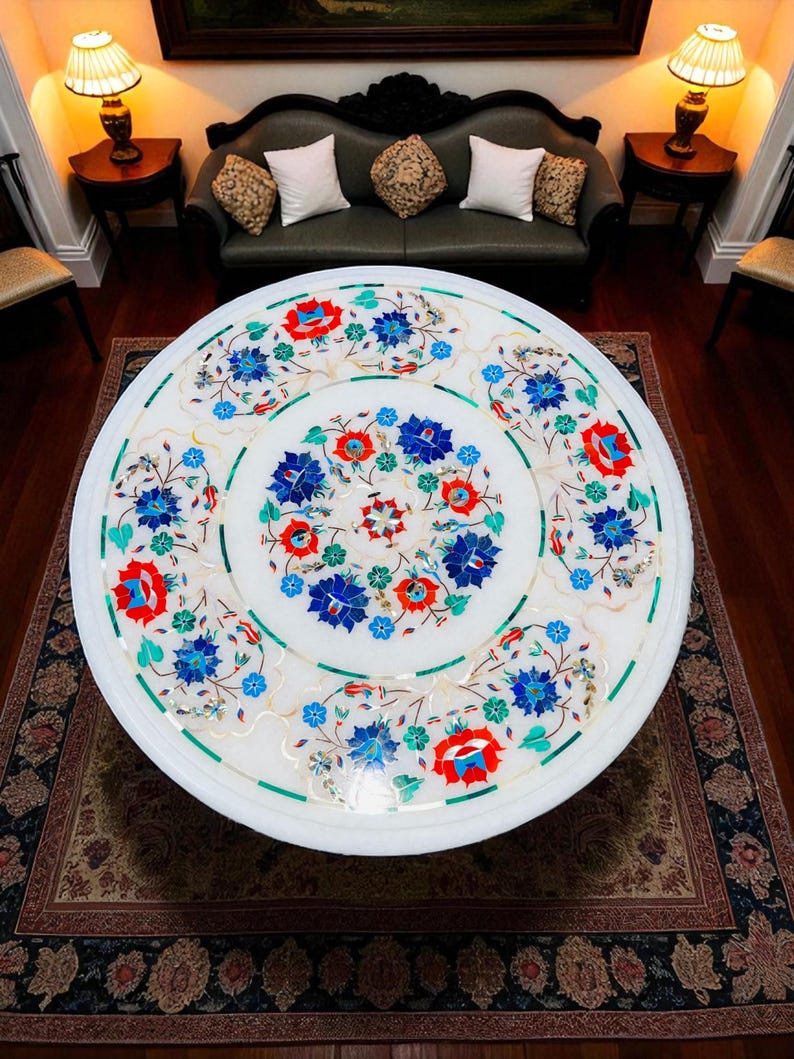 white round marble inlay coffee table