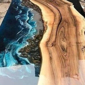 epoxy resin dining table, ocean wave table, live edge wooden table, resin river dining table, custom resin furniture, handmade epoxy table, luxury dining room table, blue ocean resin art table