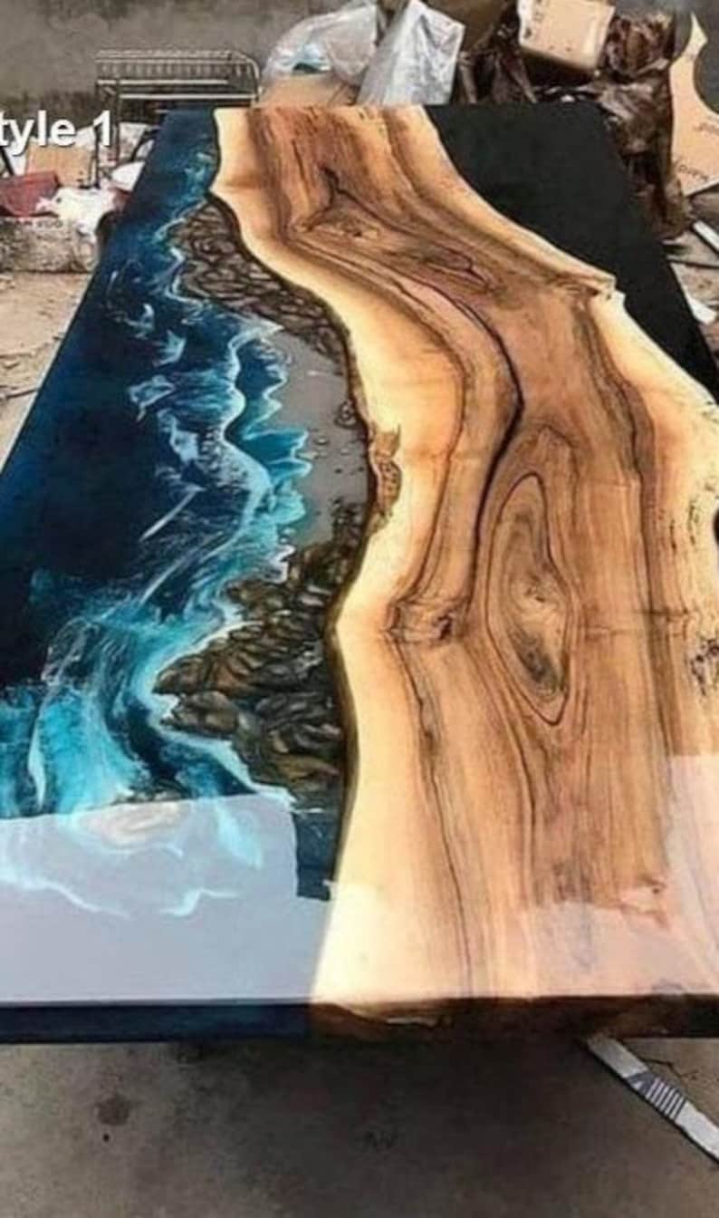 epoxy resin dining table, ocean wave table, live edge wooden table, resin river dining table, custom resin furniture, handmade epoxy table, luxury dining room table, blue ocean resin art table
