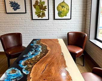 Ocean Epoxy Resin Acacia Wood Table: Handmade Live Edge Dining or Conference