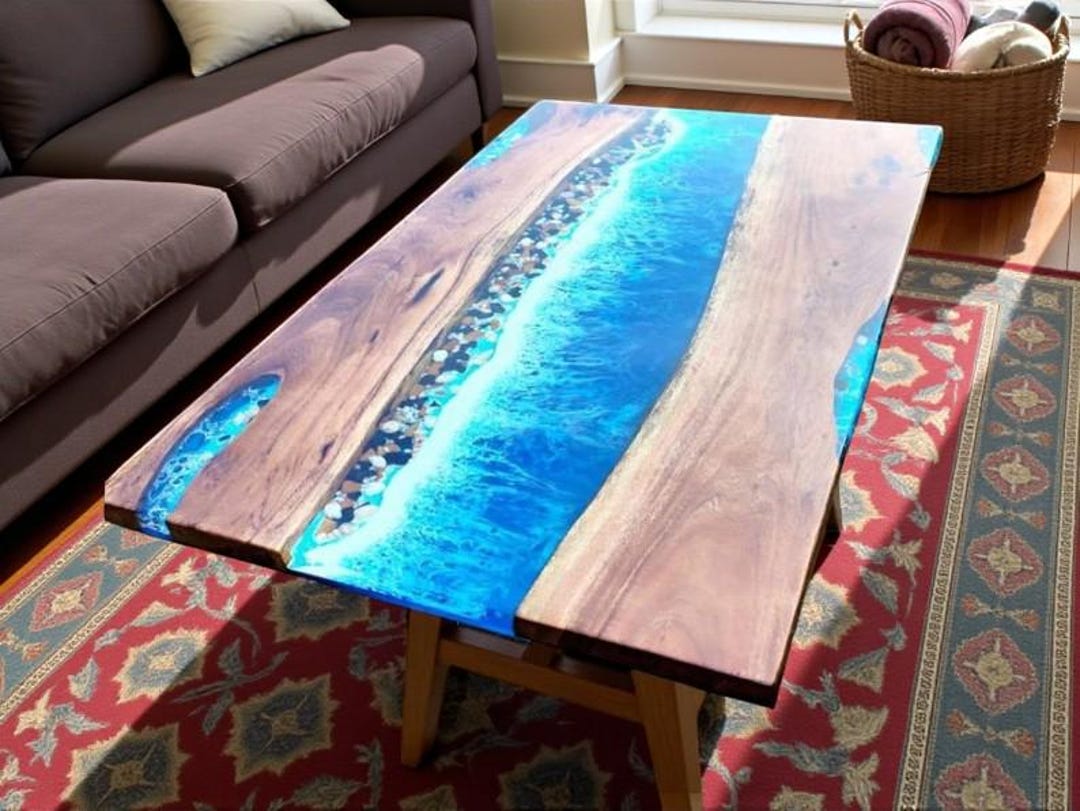 Handmade Acacia Wood River Coffee Table | Ocean Wave Epoxy Resin - Etsy