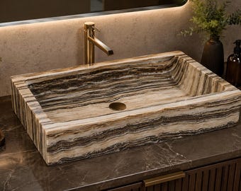 Rechteckiges Aufsatzwaschbecken aus Zebra-Onyx, handgefertigtes Naturstein-Waschbecken, gestreiftes Badezimmer-Waschbecken, luxuriöses Dekor