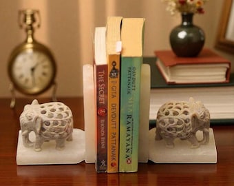 Handcrafted Elephant Marble Bookends Set of 2 – Animal Figurine Book Ends for Kids Room, Nursery, Safari Theme, Office & Library Decor Gift