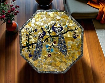 Handgemachter achteckiger Perlmutt Inlay Tisch: Pfau Design