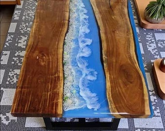 Handmade Ocean Resin Dining Table: Live Edge Walnut, Modern Home Decor