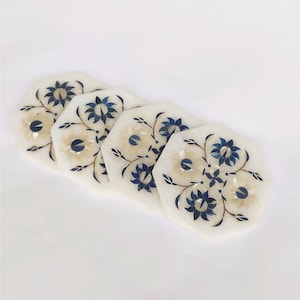 Set of 4 Marble Inlay Coasters, Handmade Coffee Coasters, Bar Coasters, Living Room Coasters, Marble Set Inlay With Natural Stones