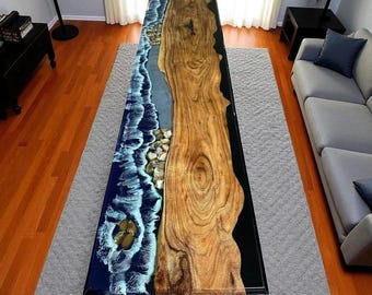 Walnut Live Edge Epoxy River Table | Ocean Wave Resin Desk Furniture