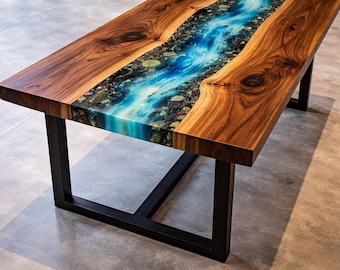 Acacia Wooden Live Edge Epoxy River Table – Modern Dining Coffee Desk