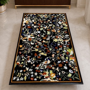 Tablero de mesa de centro con incrustaciones de mármol negro, arte floral Pietra Dura hecho a mano / Decoración de lujo para sala de estar en piedra