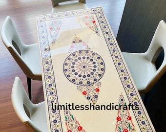 White Marble Inlay Dining Table: Pietra Dura Floral Art, Handmade