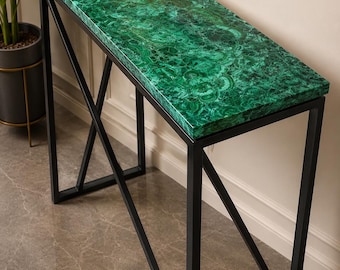 Malachite Stone Dining Table Top Luxury Green Gemstone Handmade Natural Crystal Furniture | Modern Side Table Decor
