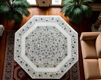 Floral Mother of Pearl Inlay Marble Coffee Table: Handmade Pietra Dura Art