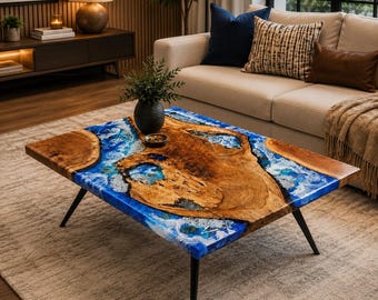 Ocean Wave Epoxy Resin Dining Table Acacia Wood Live Edge Table | Handmade River Furniture | Console Bar Desk Decors