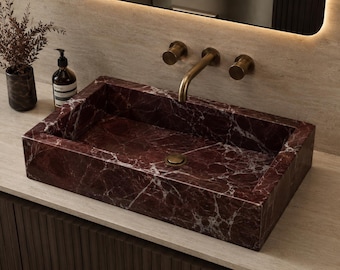 Rosso Levanto Marble Vessel Sink | Luxury Handmade Stone Wash Basin | Natural Red Bathroom Vanity Modern Bathroom Decor