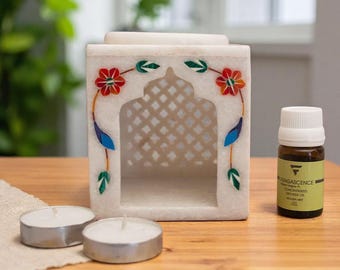 Quemador de aceite de mármol blanco: Difusor de aroma artesanal con aceites esenciales.