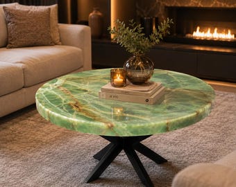 Mesa de centro redonda em ônix verde, feita à mão em pedra natural, ideal para cozinhas, salas de conferência de luxo e decoração para casa.