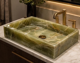 Waschbecken aus grünem Onyx, luxuriöses Naturstein-Waschbecken für Badezimmer, handgefertigtes Edelsteinbecken, moderne Inneneinrichtung