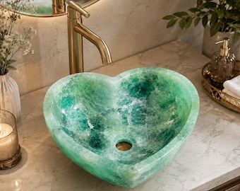 Grünes Fluorit-Herzwaschbecken, handgefertigt aus Naturstein, Aufsatzwaschbecken aus Kristall-Edelstein, Badezimmerdekoration