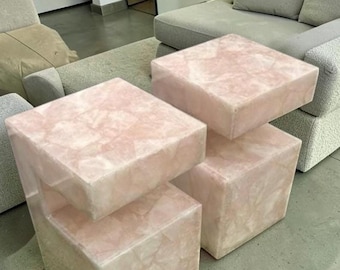 Pink Rose Quartz Plinth Side Table – Modern Cube Stone Accent Pedestal Decor