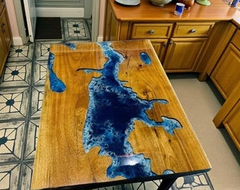 Handmade Blue Epoxy Resin River Table: Live Edge Acacia Wood