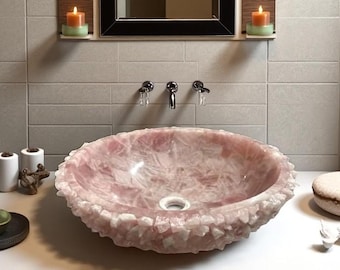 Różowa umywalka nablatowa z kwarcu różowego: luksusowy kryształ o właściwościach leczniczych w łazience