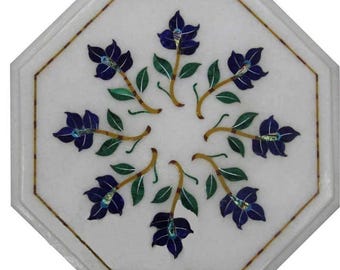 White Marble Inlay Coffee Table Top, Octagon Art Table, Pietra Dura Floral Design