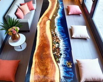 Handmade Live Edge Walnut Epoxy Resin Desk: Ocean Wave Design
