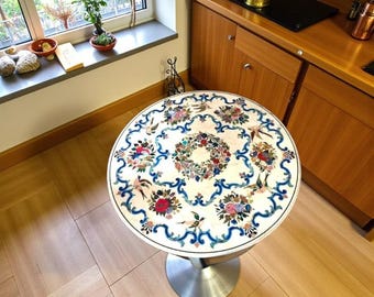 White Marble Coffee Table with Pietra Dura Floral Inlay
