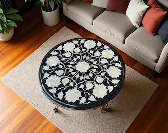 Mesa de centro de mármol negro: incrustaciones de nácar, diseño floral Pietra Dura Arts, muebles hechos a mano.