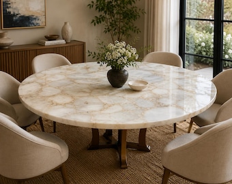 Round White Quartz Stone Coffee Table Luxury Crystal Gemstone Furniture Handmade Living Room Modern Home Decor