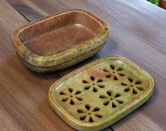 Handmade Soapstone Soap Dish with Lid: Decorative Bathroom Tray