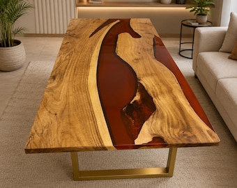 Red Epoxy Resin Dining Table Natural Acacia Wood River Handmade Live Edge Modern Cafeteria Table Decor
