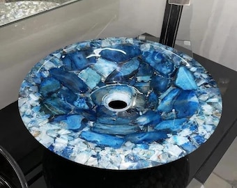 Blue Agate Gemstone Vessel Sink | Handmade Stone Inlay Bathroom Wash Basin | Luxury Vanity Bowl