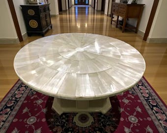 Runder Couchtisch aus Selenitstein, Küchentisch aus Steinplatte, Sunburst Arts Luxus handgefertigte Möbel Dekorationen