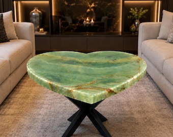 Herzförmiger Couchtisch aus grünem Onyx, handgefertigte Luxus-Edelsteinmöbel, natürliche Kristallstein-Wohndekoration