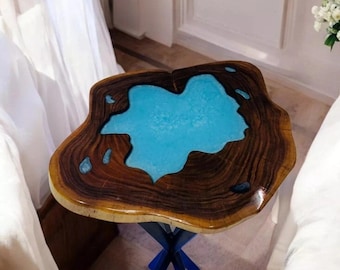 Epoxytafel van hout met Live Edge – Blue River-salontafel met accenten