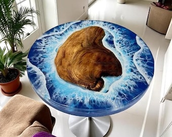 Ocean Wave Epoxy Resin Coffee Table: Live Edge Acacia Wood Centerpiece