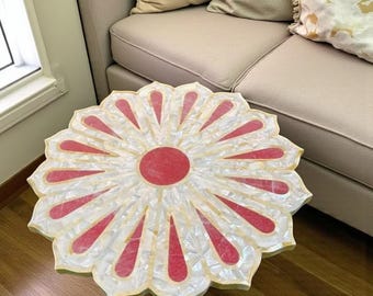 Handmade Mother of Pearl Inlay Coffee Table: Floral Marquetry Accent Table