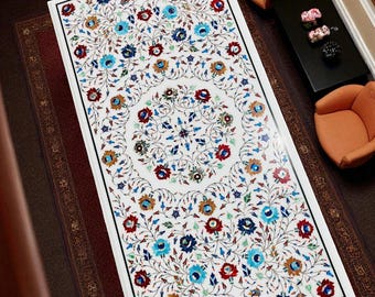 White Marble Inlay Dining Table: Semi Precious Stone Floral Art