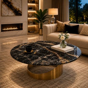 May include: A round coffee table featuring a polished black marble top with white and gold veining, supported by a curved, brushed brass metal base. A black ceramic cup on a saucer, a small spoon, and a white book are placed on the table surface.