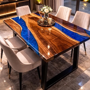 Canapé central bleu en résine époxy sur commande, table basse, bois d'acacia naturel, décorations de meubles avec rebords dynamiques