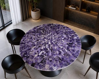 Round Amethyst Stone Dining Table Luxury Purple Gemstone Handmade Crystal Furniture Modern Dining Room Decor