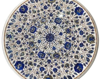 Handmade White Marble Inlay Table Top – Lapis Floral Pietra Dura Art