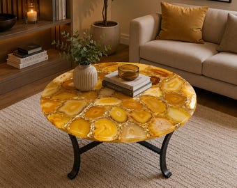 Yellow Agate Stone Coffee Table | Handmade Gemstone Furniture | Luxury Round Table | Natural Crystal Home Decor