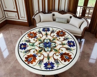 Handmade White Marble Coffee Table: Pietra Dura Gemstone Inlay