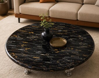 Round Tiger Eye Stone Coffee Table Handmade Gemstone Furniture Luxury Natural Stone Living Room Decor