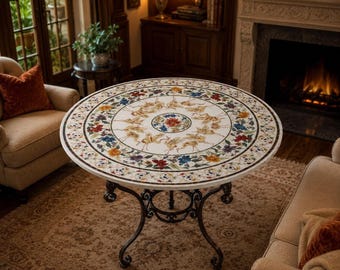 Ronde salontafel van wit marmer, perfect als bankmeubel, handgemaakt, luxe edelsteen, Pietra Dura Art Decor