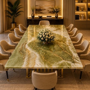 May include: A large rectangular dining table with a polished green and white marble top featuring gold veining, supported by a gold metal base, surrounded by twelve beige upholstered chairs with dark legs and a central white floral arrangement.