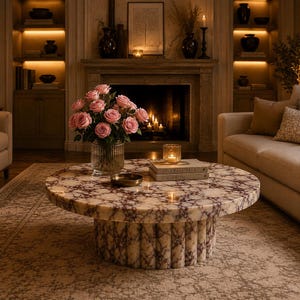 Calacatta Viola Marble  Coffee Table Handmade Round Stone Dining With Stand Elegant Home Decor Furniture